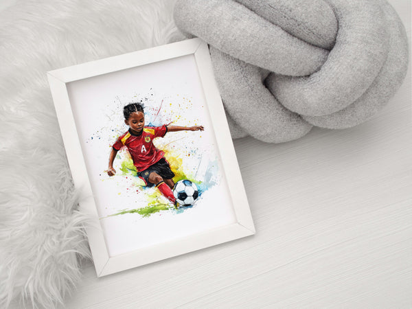 water color art print boy playing soccer