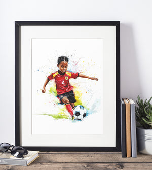 water color art print boy playing soccer