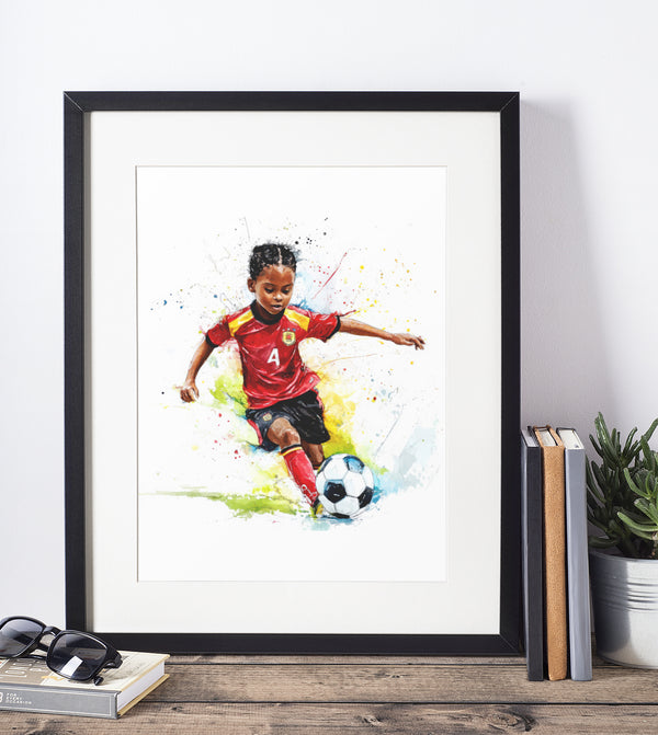 water color art print boy playing soccer