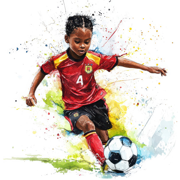 Water color art print of boy playing soccer