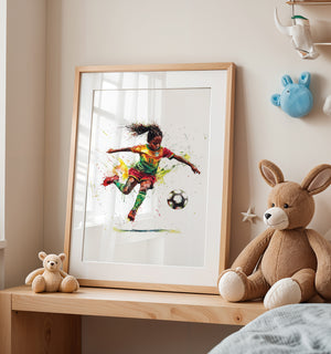 Water color art print of girl playing soccer