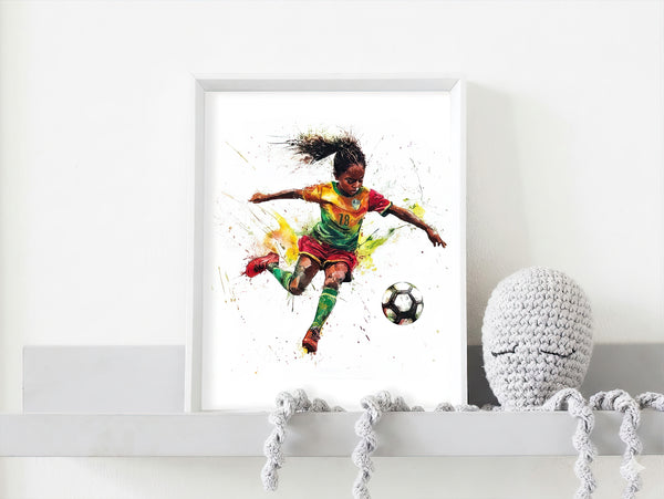 Water color art print of girl playing soccer