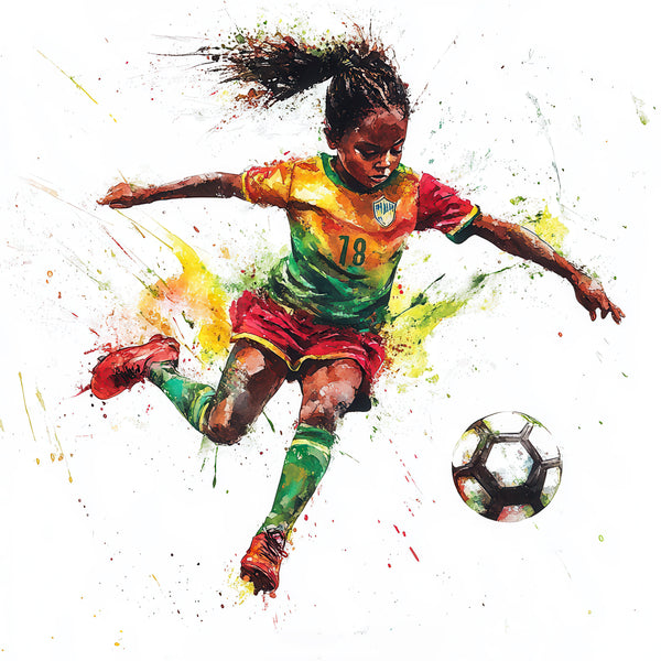 Water color art print of girl playing soccer